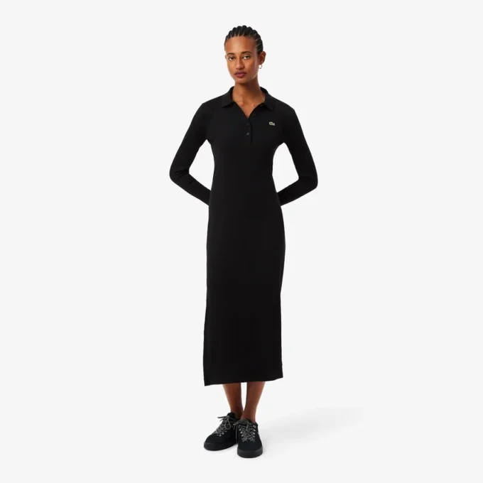 Damen-Kleid aus gerippter Baumwolle mit Polo-Kragen in Slim-Fit-Passform