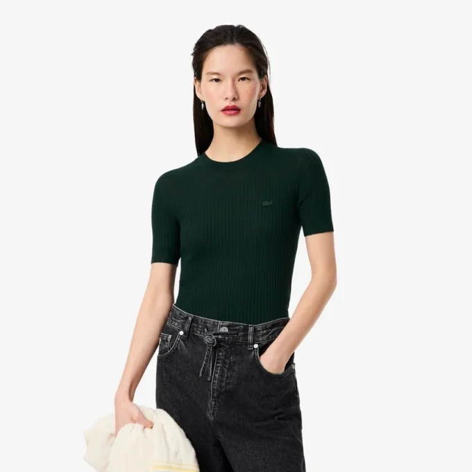 Damen-Pullover aus Merinowolle mit geripptem Strick und kurzen Ärmeln