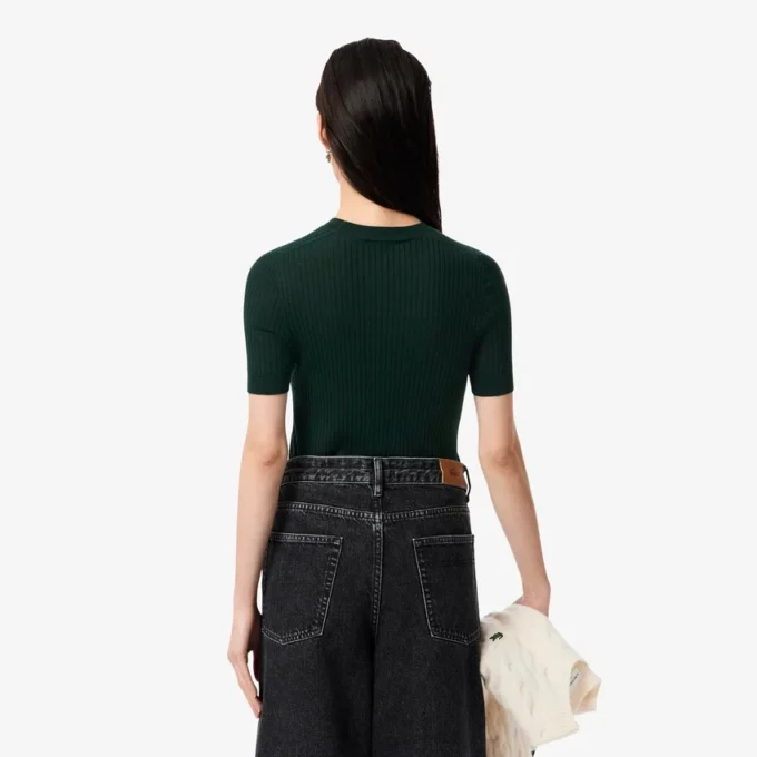 Damen-Pullover aus Merinowolle mit geripptem Strick und kurzen Ärmeln