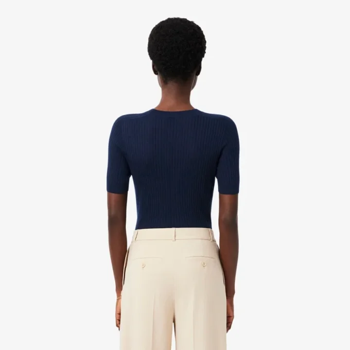 Damen-Pullover aus Merinowolle mit geripptem Strick und kurzen Ärmeln