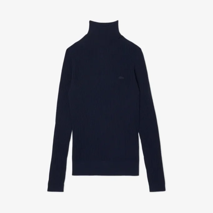 Damen-Pullover aus Merinowolle mit hohem Kragen und Rippstrick