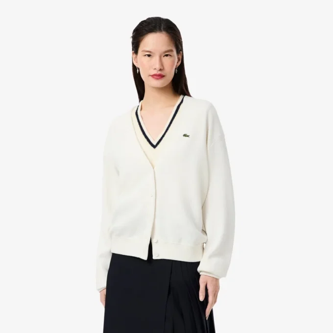 Damen-Strickjacke aus Baumwolle mit V-Ausschnitt und Moosmaschenmuster