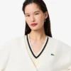 Damen-Strickjacke aus Baumwolle mit V-Ausschnitt und Moosmaschenmuster