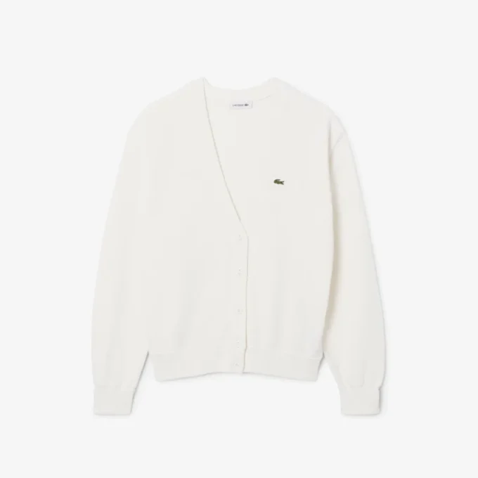 Damen-Strickjacke aus Baumwolle mit V-Ausschnitt und Moosmaschenmuster
