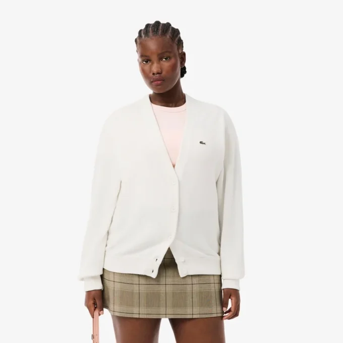 Damen-Strickjacke aus Baumwolle mit V-Ausschnitt und Moosmaschenmuster