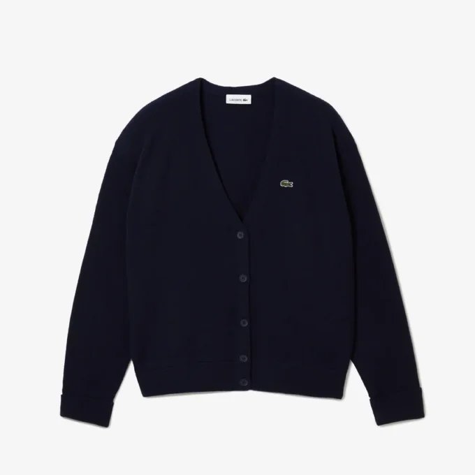 Damen-Strickjacke aus Wolle mit V-Ausschnitt und lockerer Passform