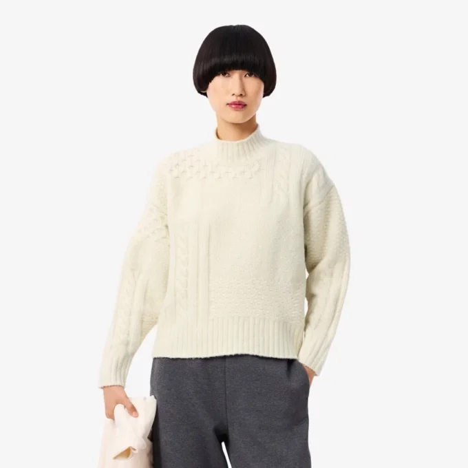 Damen-Wollpullover mit Patchwork-Effekt und hohem Kragen