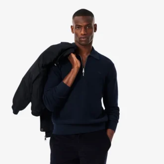 Herren-Pullover aus Baumwoll-Woll-Blend mit halbem Reißverschluss und Polokragen