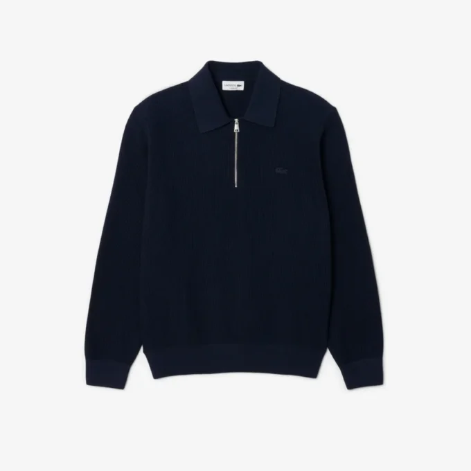 Herren-Pullover aus Baumwoll-Woll-Blend mit halbem Reißverschluss und Polokragen