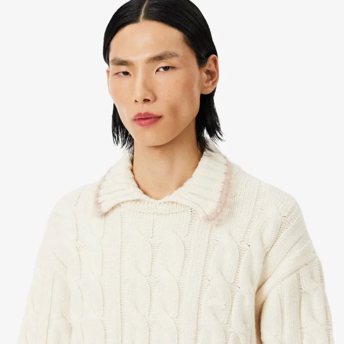 Runway-Pullover aus Wolle mit Poloshirt-Kragen und Zopfmuster