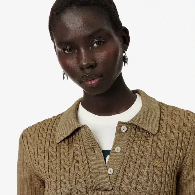 Runway-Pullover mit Zopfmuster und Poloshirt-Kragen